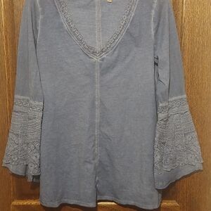 Women's Blue Lace Bell Sleeve Top